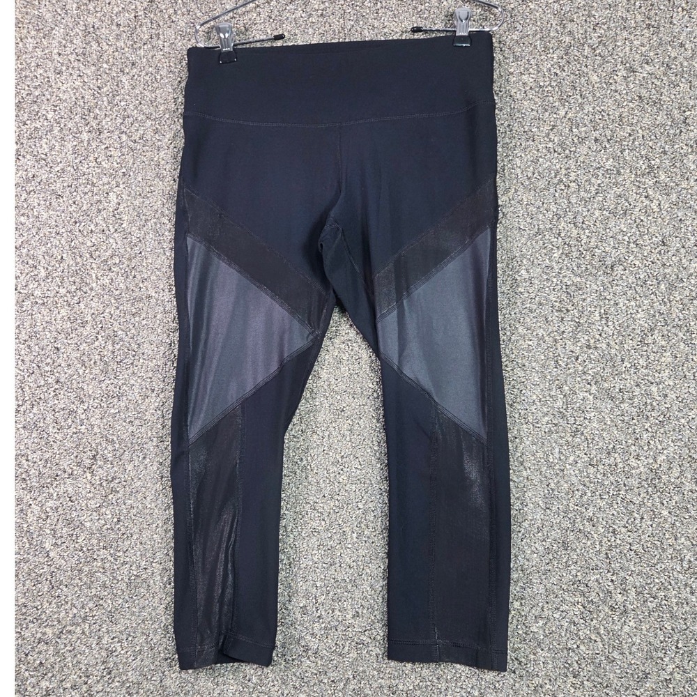 90 Degree by Reflex Leggings Womens Medium Black Mesh Faux Leather Trim Crop